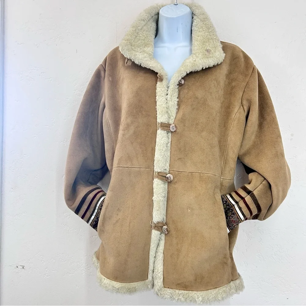 Vintage 90s Y2K Faux Suede Sherpa Lined Jacket Sz M Tan Coat Boho Phoebe Buffay